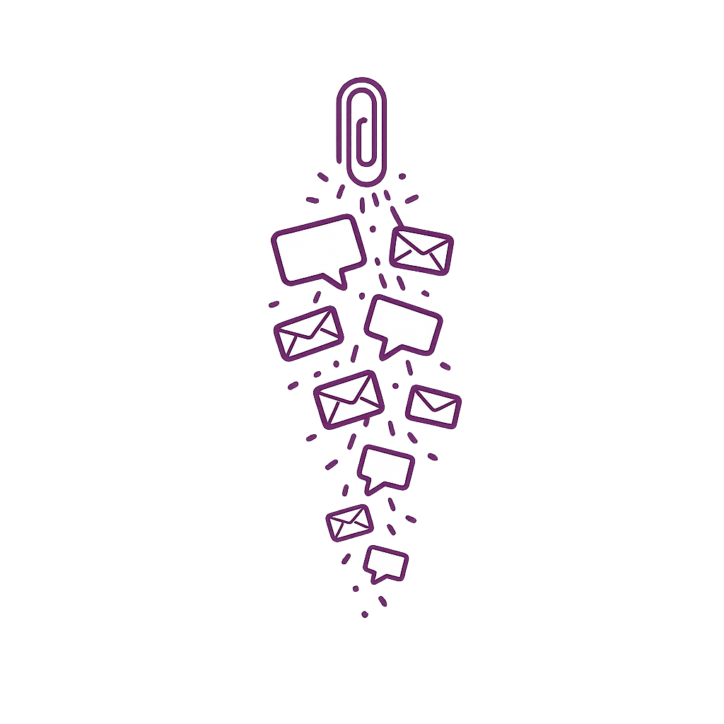 Ilustración de clip con burbujas de chat y emails cayendo